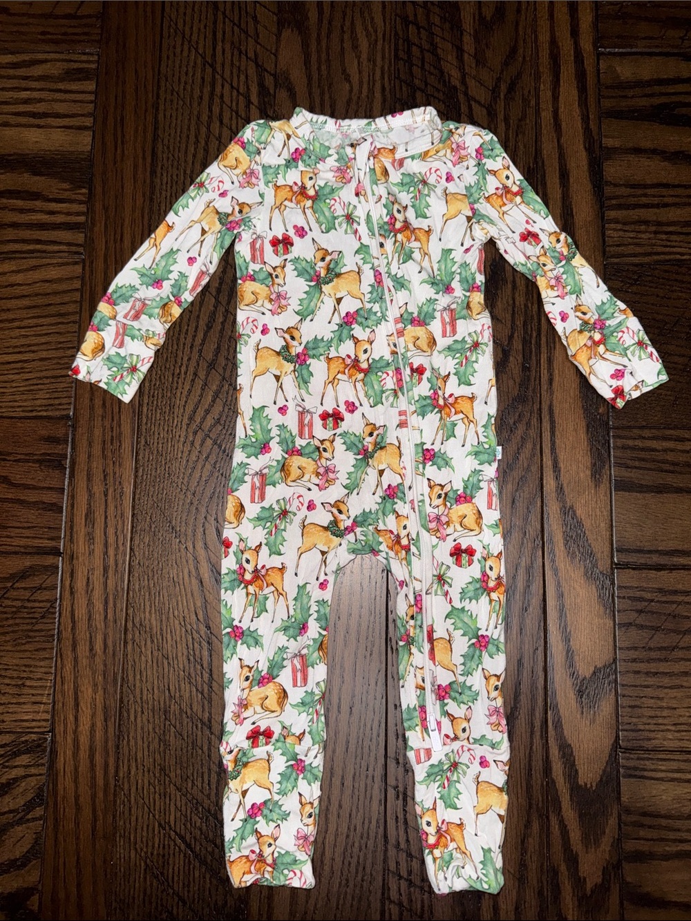 Posh Peanut White Reindeer & Holly Holiday Footed One-Piece